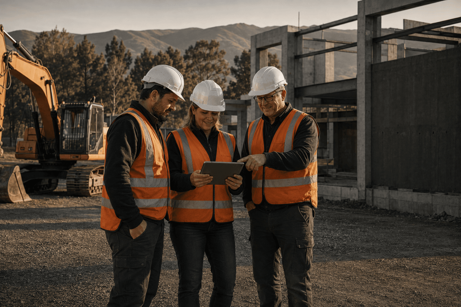 Three colleagues reviewing a tablet together at a worksite