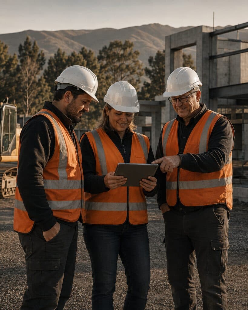 Three crew members in hard hats and hi-vis vests reading a tablet together on a building site.